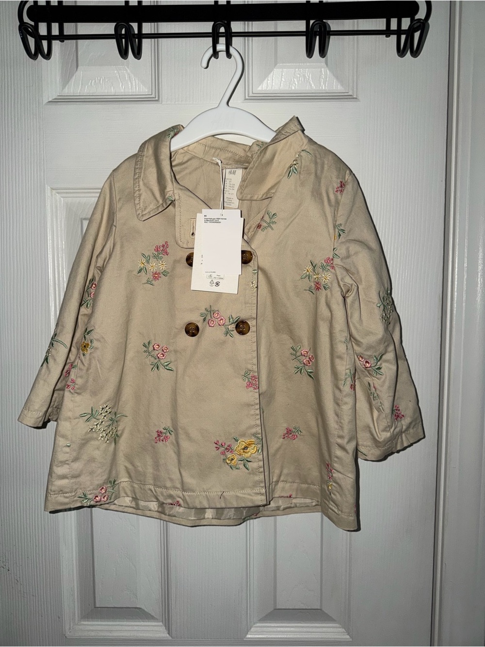 H&M Cream Floral Embroidered Double-Breasted Kids Pea Coat